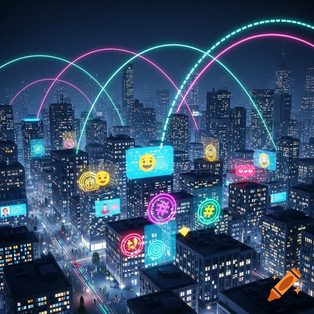 A futuristic cityscape at night with glowing social media icons and data displays on buildings, connected by neon lines.