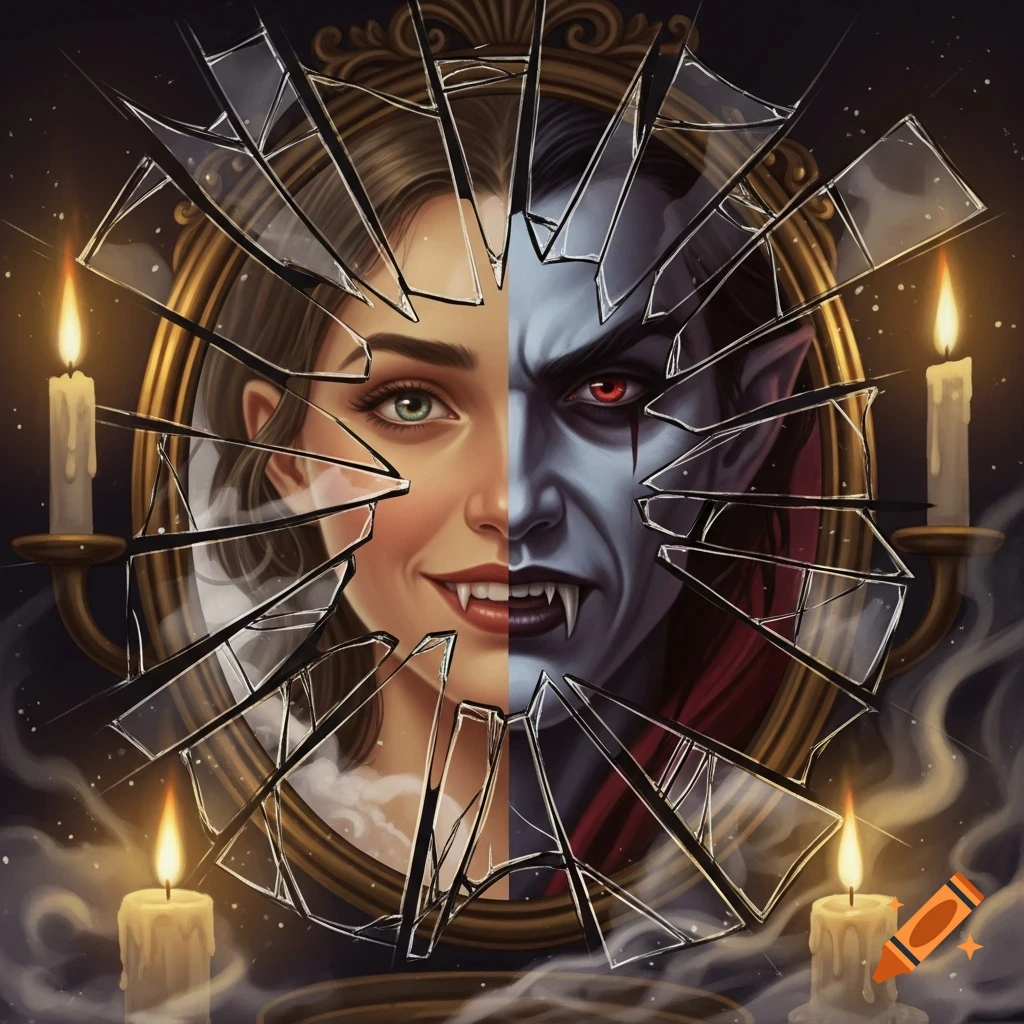 A cracked mirror reflects a human woman and a vampire man, surrounded by lit candles in a stylized digital illustration.