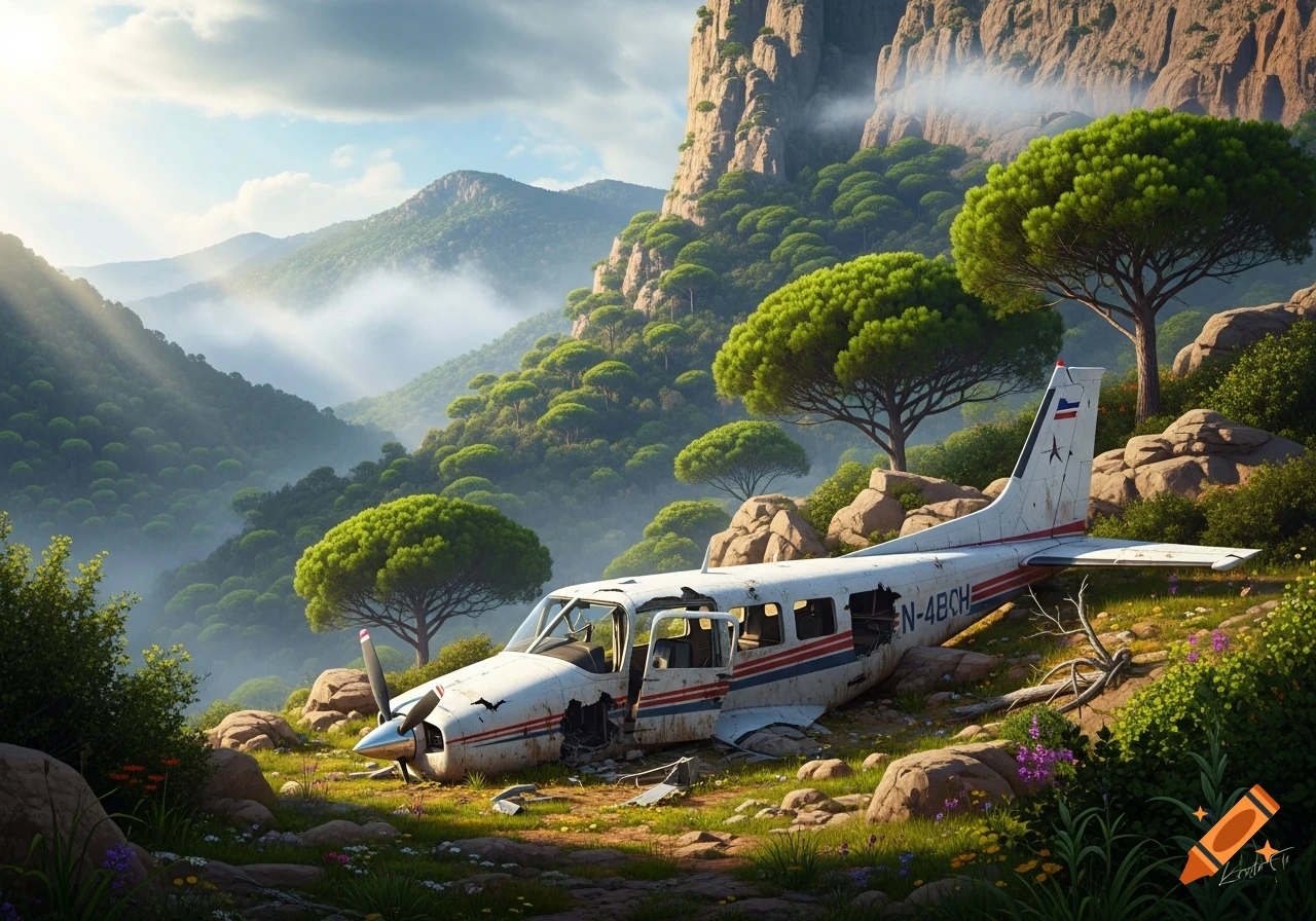 A wrecked white Cessna airplane with red and blue stripes lies in a lush, misty mountain valley with sunbeams, surrounded by green trees and rocks.