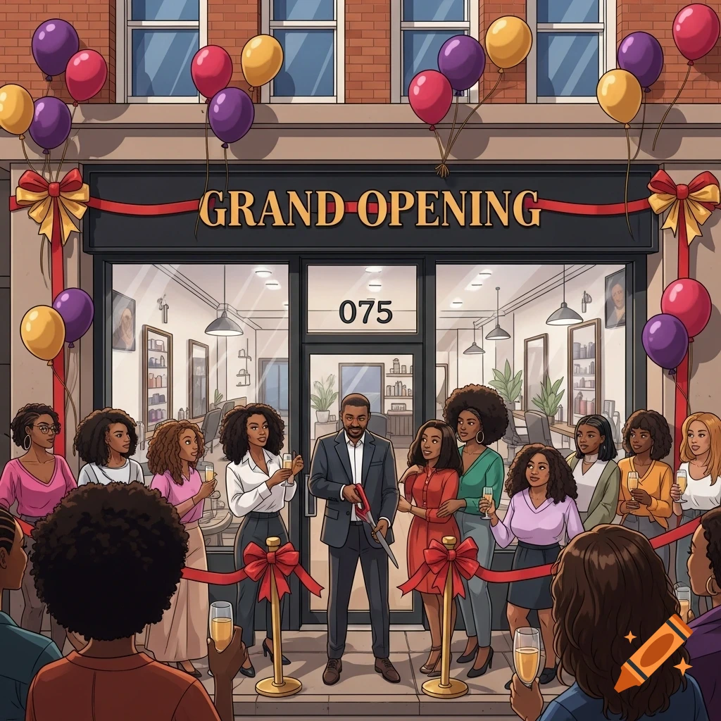 Illustrated grand opening of a hair salon. A man cuts a red ribbon, surrounded by smiling people with champagne.