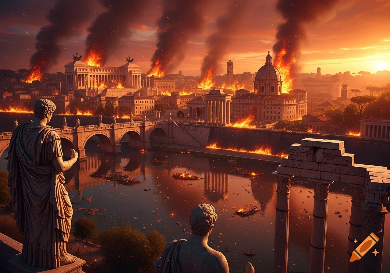 Photorealistic depiction of ancient Rome burning at sunset, with statues overlooking the fiery city and river.