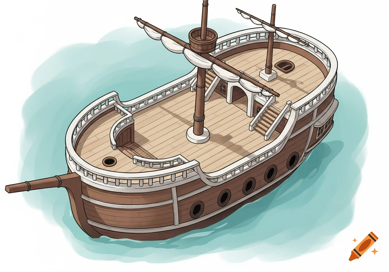 Top-down 2D cartoon illustration of a wooden pirate ship with sails and railings, floating on turquoise water.