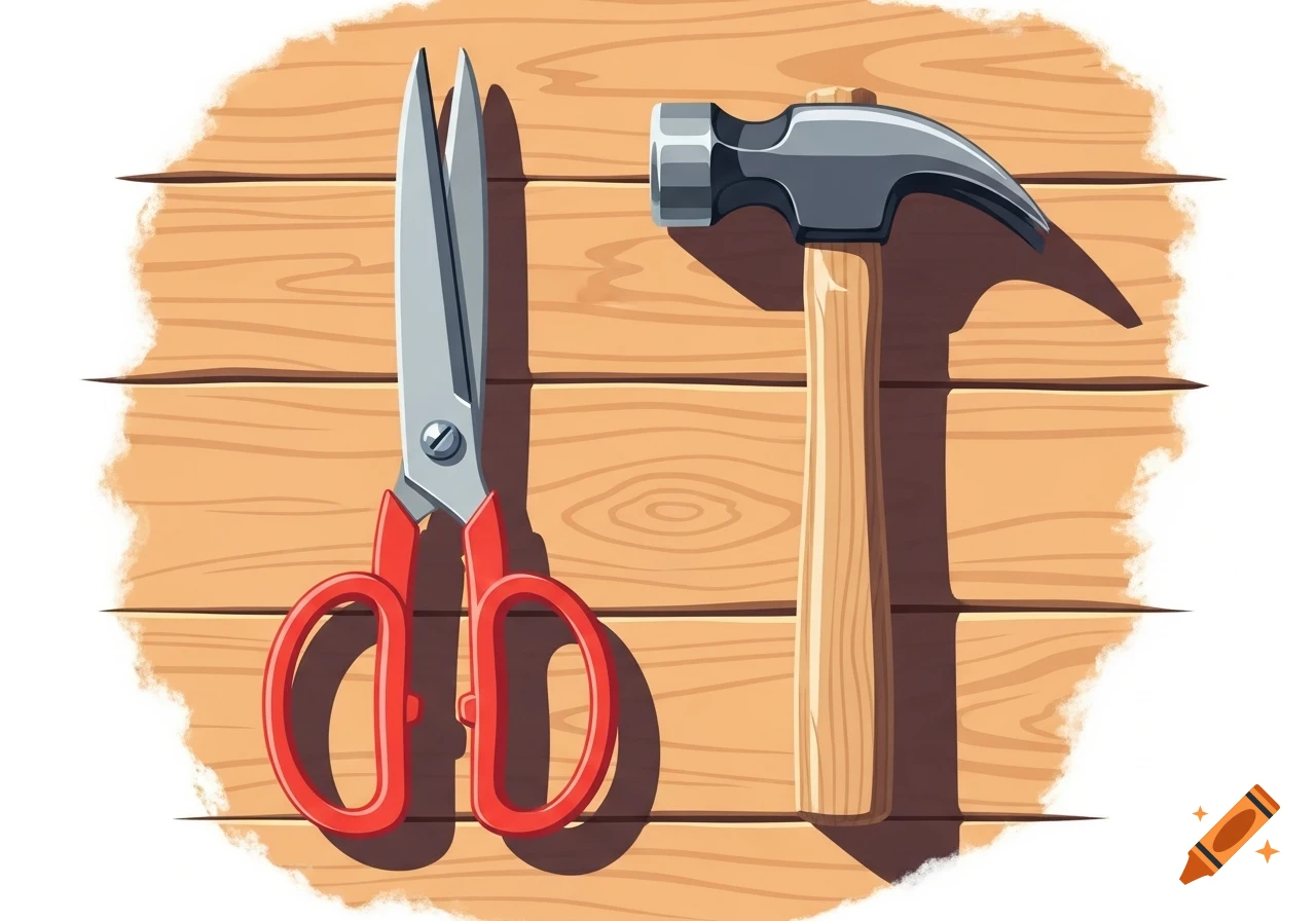 A flat 2D illustration of a red-handled pair of scissors and a metal hammer on a wooden table.