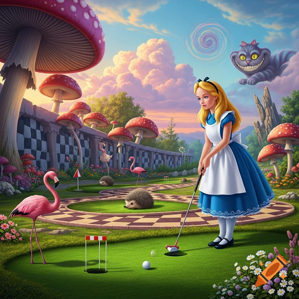 Alice in Wonderland plays mini golf in a vibrant fantasy landscape with giant mushrooms, pink flamingos, hedgehogs, and the Cheshire Cat in the sky.
