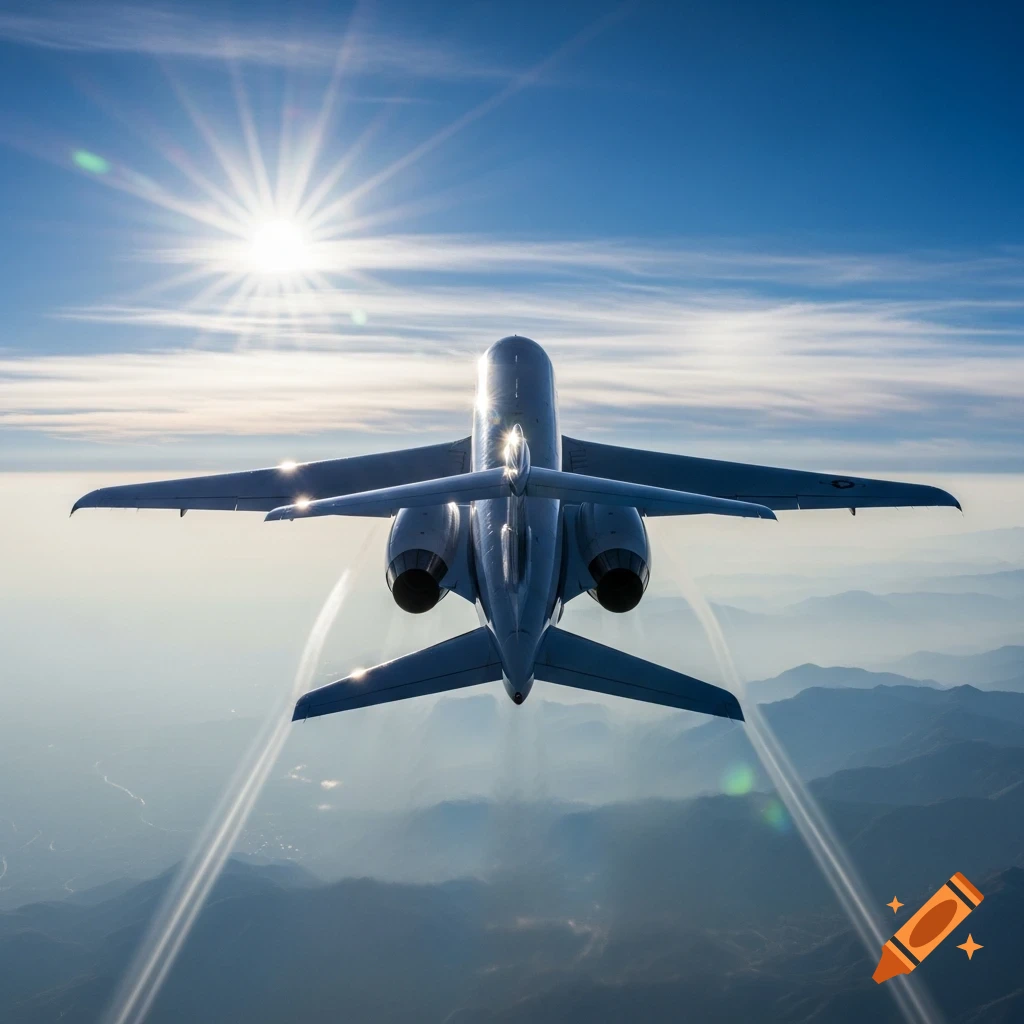 A photorealistic shot of an airplane flying away from the camera, silhouetted against a bright sun in a blue sky above mountains.