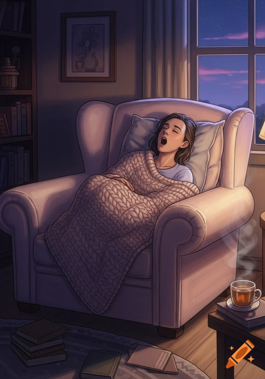 Illustrated scene of a woman yawning and relaxing in a cozy armchair under a blanket by a window at dusk.