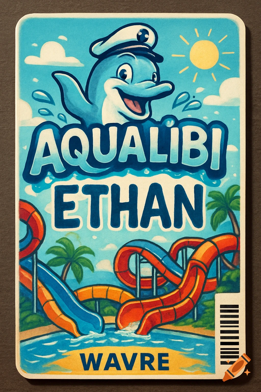 Colorful cartoon illustration of a water park ticket featuring a smiling dolphin mascot, water slides, and the text AQUALIBI ETHAN WAVRE.