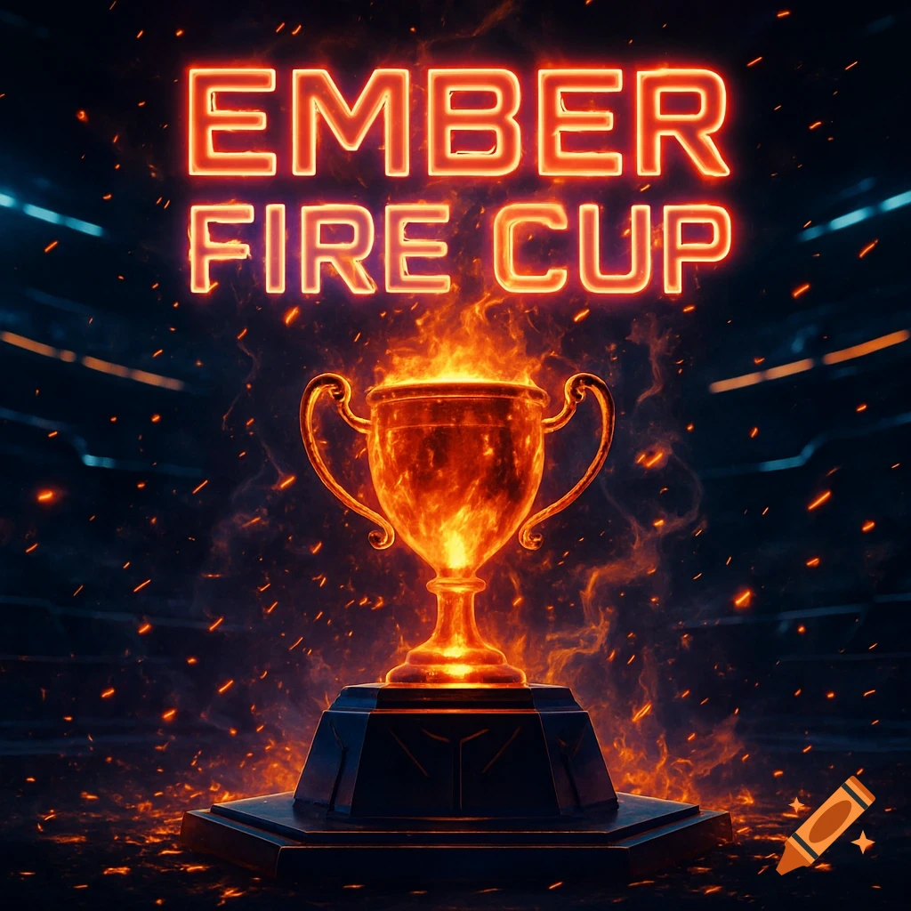 A glowing digital championship cup on a podium, surrounded by fire particles and smoke. The text "EMBER FIRE CUP" burns above it as a fiery neon hologram in a dark arena, in a cyberpunk, high-tech fantasy style.