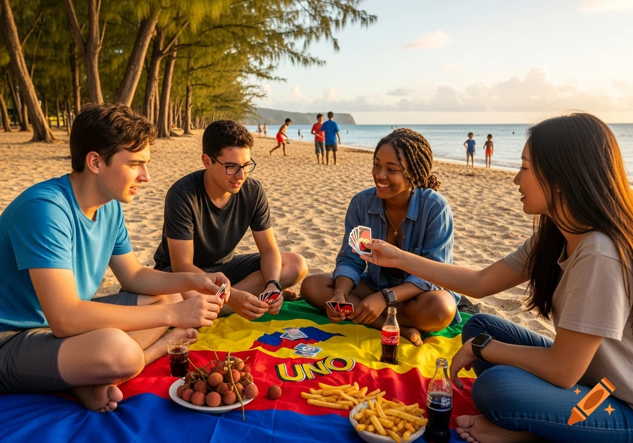 Four young people play Uno on a colorful blanket on a sandy beach at sunset, with snacks and drinks. Others are in the background.