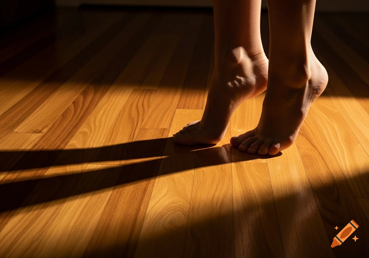 Bare feet on tiptoes on a polished wooden floor, with harsh lighting casting long shadows.