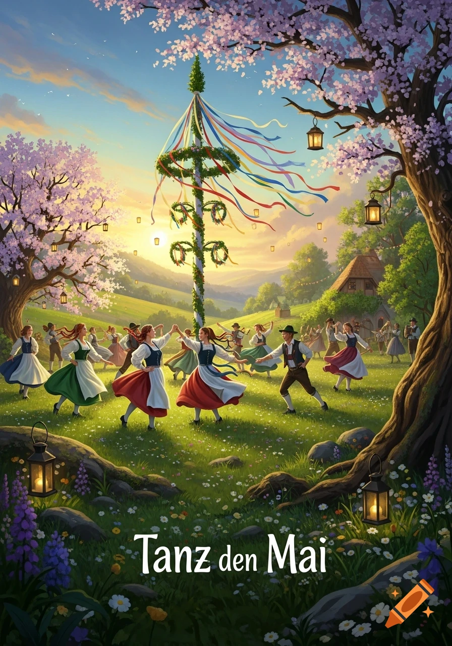 A vibrant illustration of people in traditional folk costumes dancing around a tall maypole in a lush green field under blooming cherry trees at sunset.