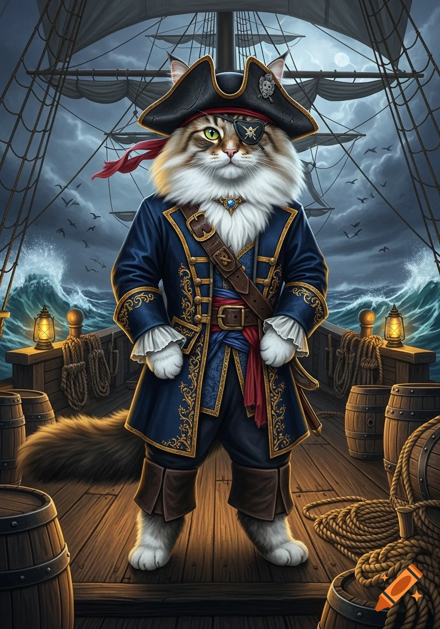 A fluffy Norwegian Forest cat in an ornate blue pirate coat, eyepatch, and tricorn hat on a ship deck in stormy seas.