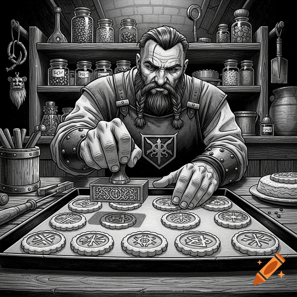 A stern, bearded man with braided hair in an apron stamps intricate sigils onto cookies on a baking tray in a black and white fantasy style.