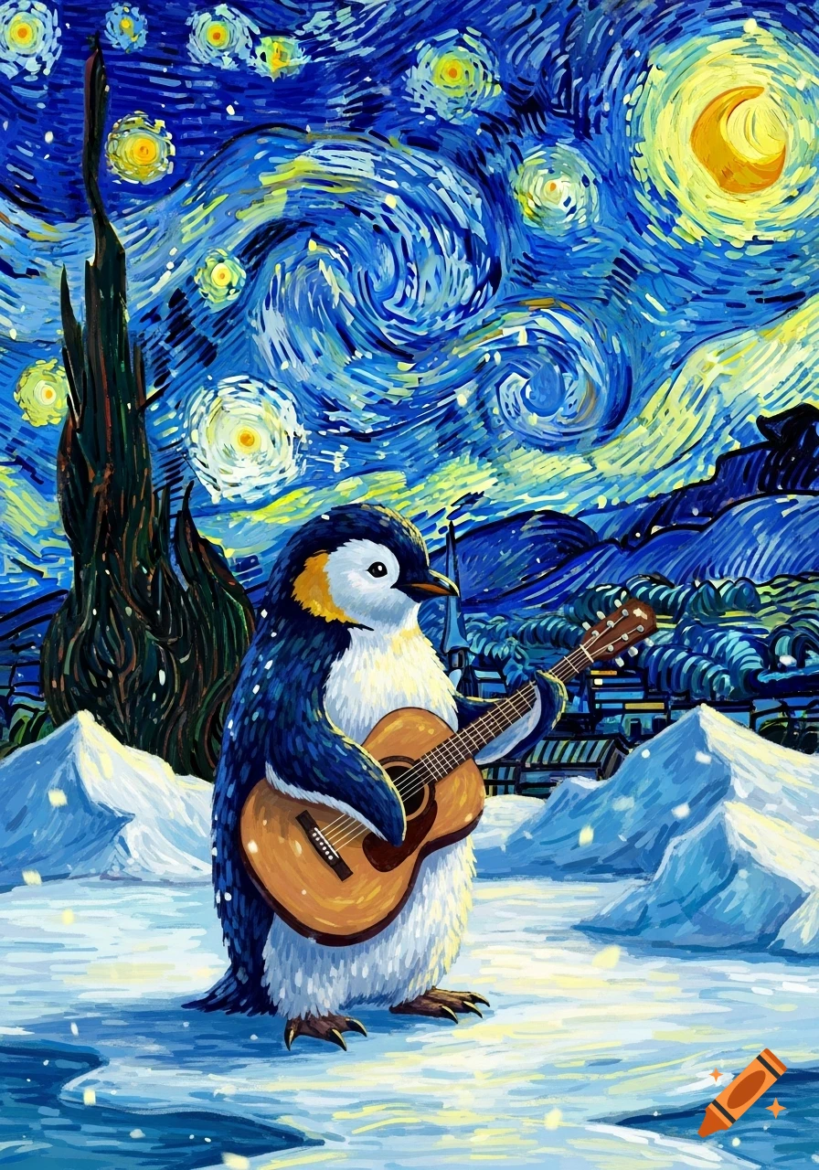 A penguin plays a guitar in a snowy landscape under a swirling, starry night sky in the style of Van Gogh.
