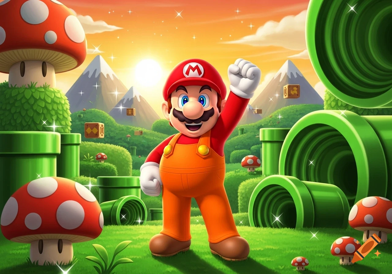 Cartoon Mario raising his fist in a vibrant Super Mario-themed landscape with pipes, mushrooms, and mountains under a sunny sky.