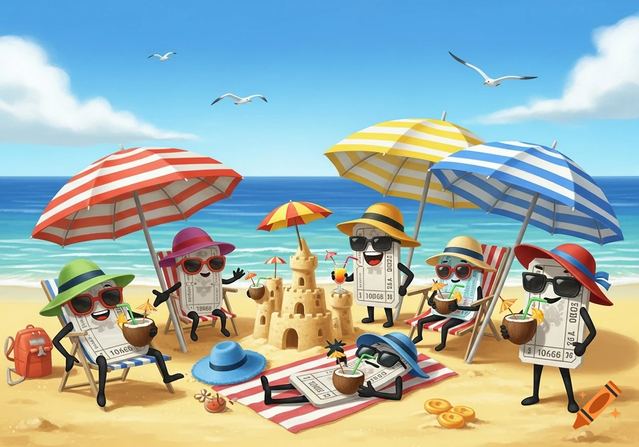 Cartoon anthropomorphic tickets with faces and limbs are relaxing on a sunny beach under colorful umbrellas, next to a sandcastle.