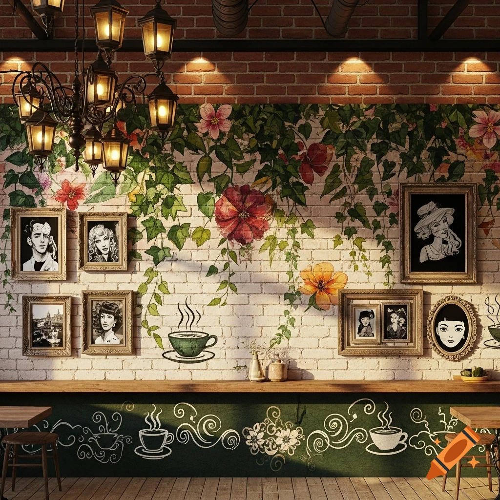 Decorated cafe wall with floral vines, framed portraits and a cityscape, an ornate chandelier, and a wooden counter with drawn coffee cups.