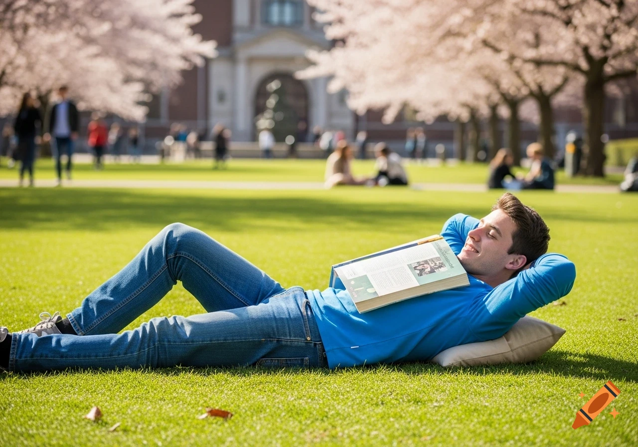 A young man in a blue shirt lies on a sunny campus lawn with a book on his chest. Cherry trees and a building are in the background.