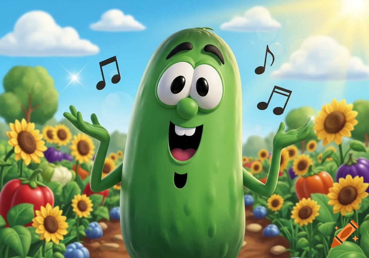 A cheerful cartoon cucumber stands in a vibrant field of sunflowers and vegetables, with musical notes floating, under a blue sky.