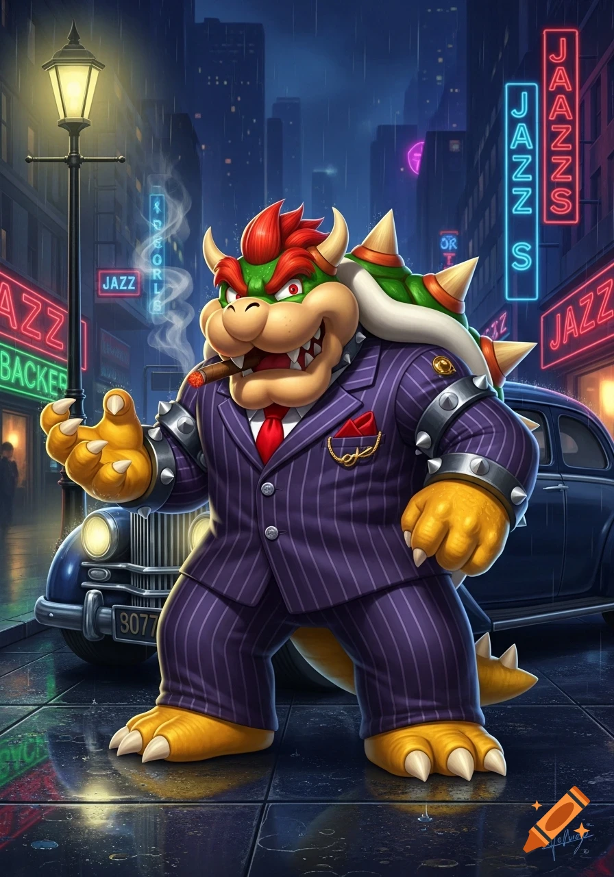 Bowser from Super Mario, dressed in a purple pinstripe gangster suit and red tie, smoking a cigar on a rainy city street at night with neon "JAZZ" signs.