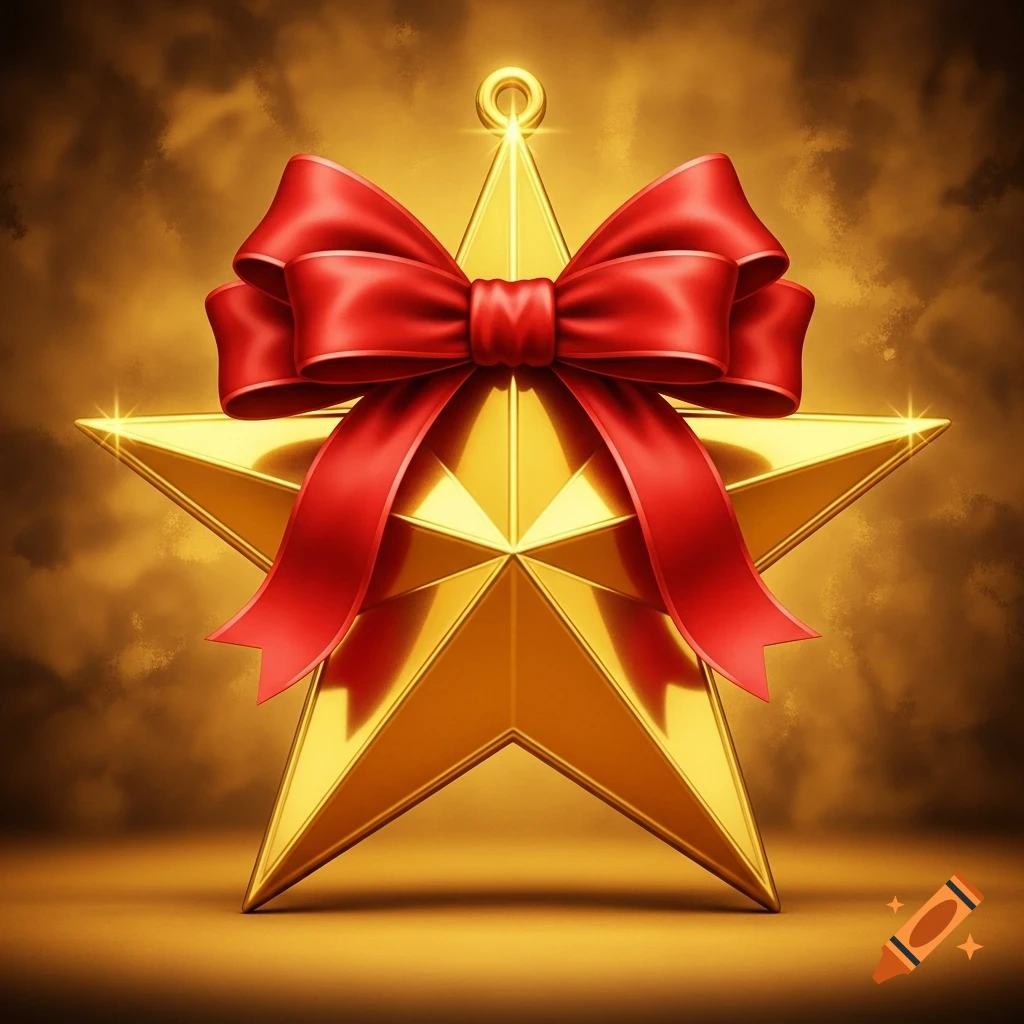 A shiny golden five-pointed star with a bright red satin bow tied around its center, set against a warm, hazy gold background.