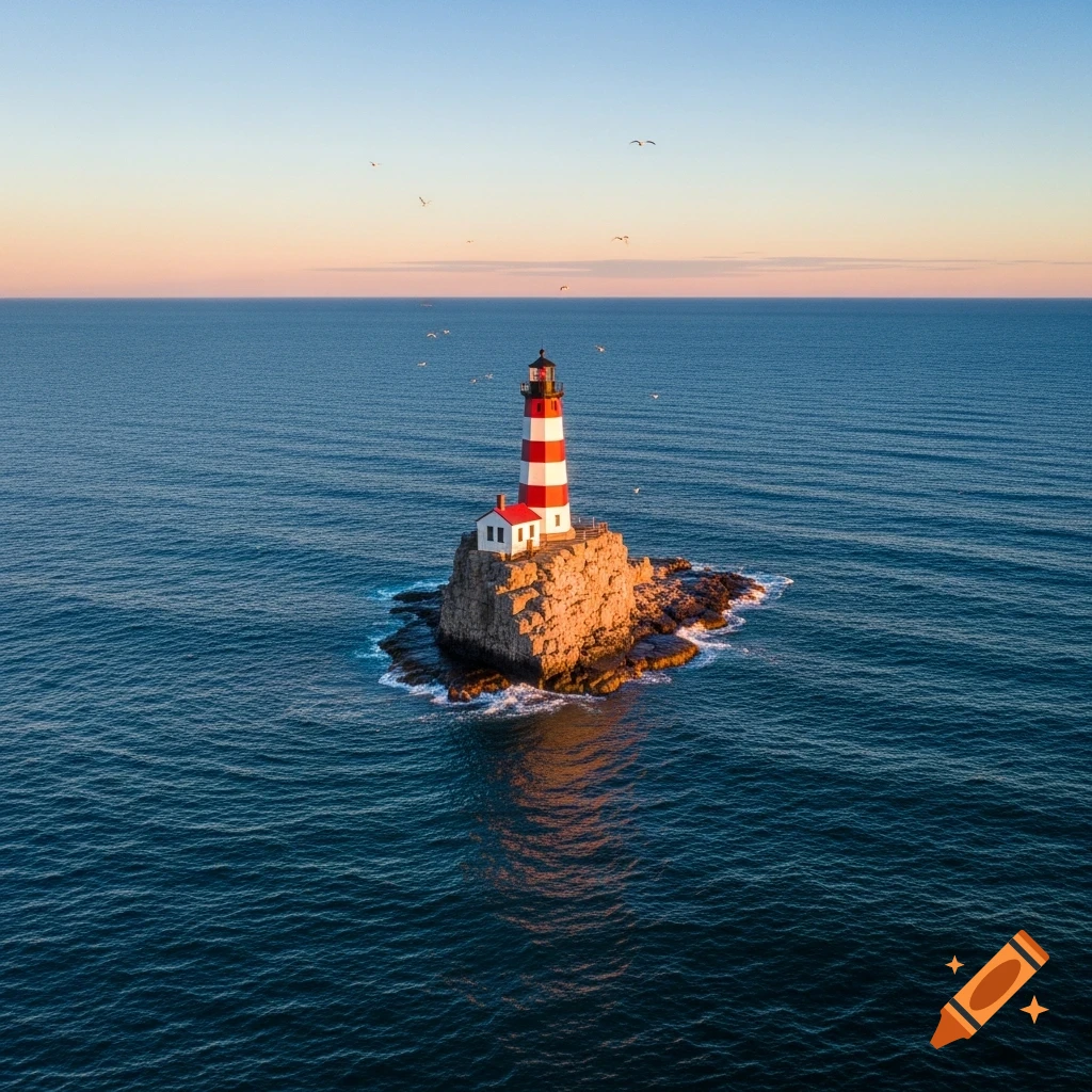 A red and white striped lighthouse and a small building stand on a rocky island in the middle of a vast blue ocean at sunset.