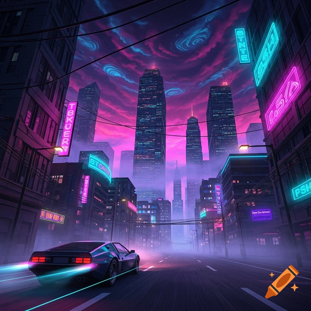 A futuristic synthwave city street at night, illuminated by neon signs, with a car driving away from the viewer.