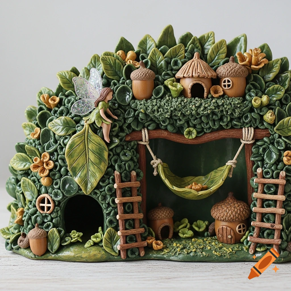 A detailed clay model of a green bush with a tiny fairy, acorn houses, ladders, and a leaf hammock.