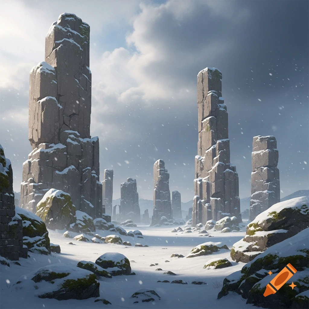 A snow-covered landscape with tall, ancient stone ruins under a cloudy sky with falling snow.