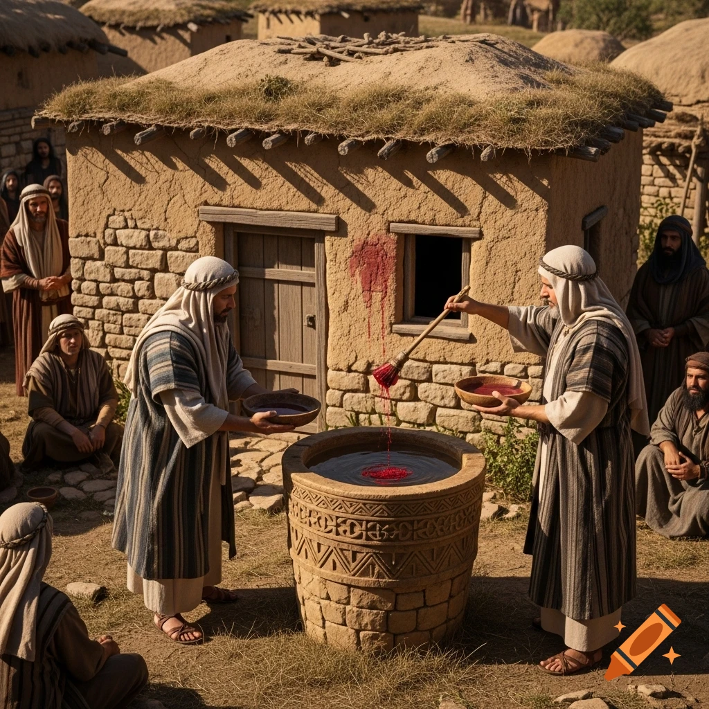 Men in ancient robes perform a ritual, pouring red liquid into a decorated stone well and sprinkling it on a mud-brick house in an ancient village.