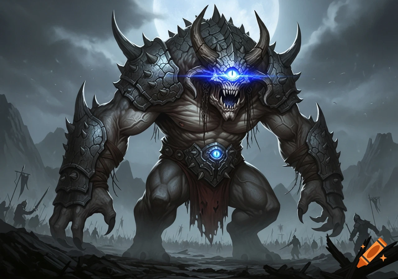 A hulking, muscular cyclopean monster with a glowing blue eye and sharp teeth stands on a moonlit battlefield with silhouetted warriors in a dark fantasy illustration.