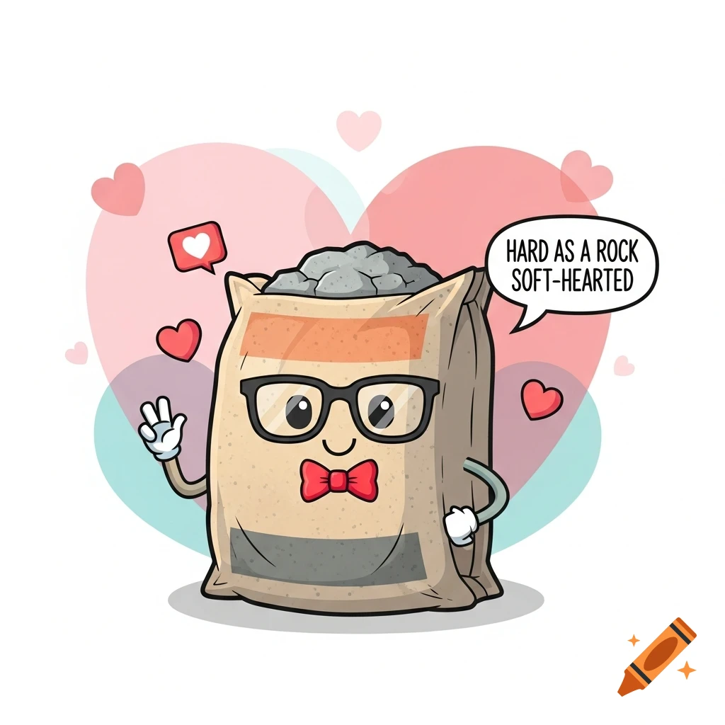 Cartoon anthropomorphic cement bag with glasses and a bowtie, saying "Hard as a rock soft-hearted," surrounded by hearts.