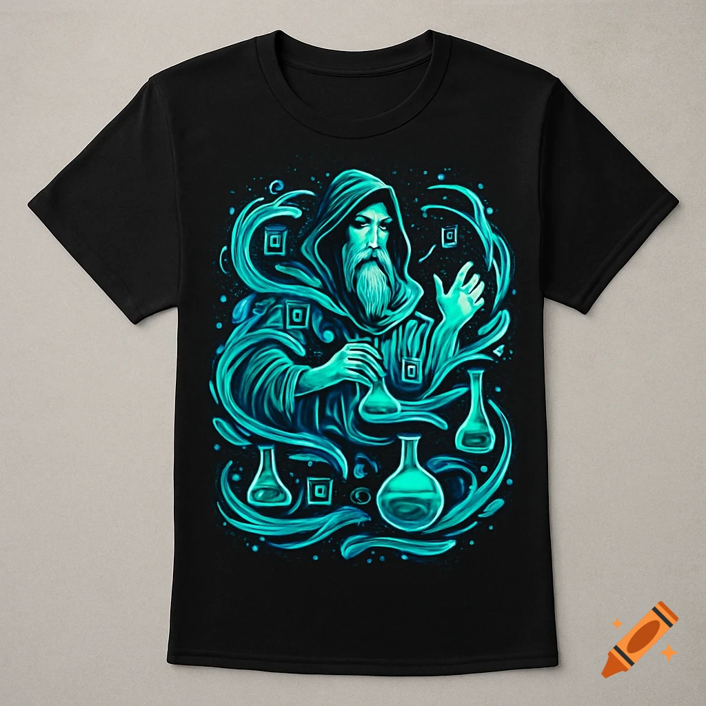 A stylized water wizard, cloaked in blue and green, holds a beaker while surrounded by swirling water and other chemistry flasks on a black t-shirt.