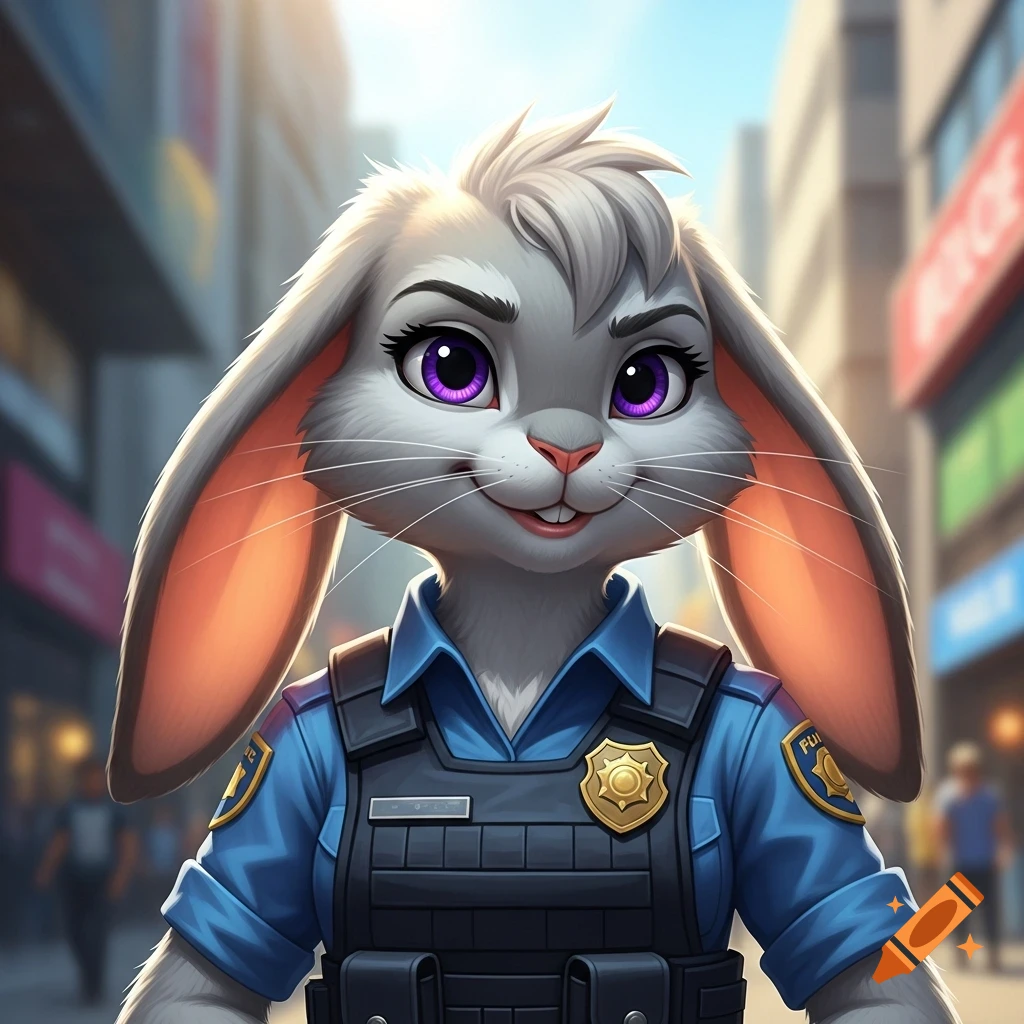 Smiling anthropomorphic gray rabbit police officer in a blue uniform and dark vest stands in a blurred city street, digital art.