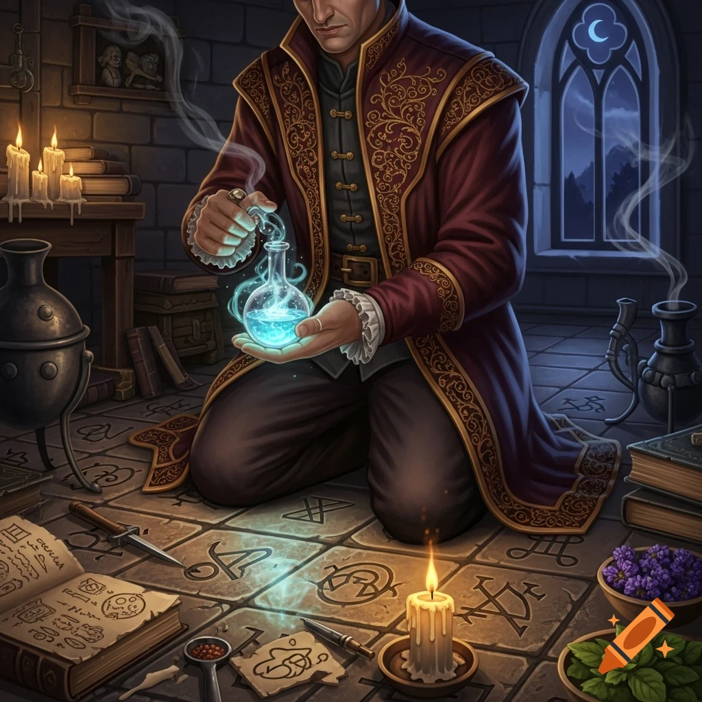 A male alchemist kneels on a stone floor, holding a glowing blue potion flask. Magical symbols cover the floor around him, with books, candles, and herbs nearby in a dim, gothic room.