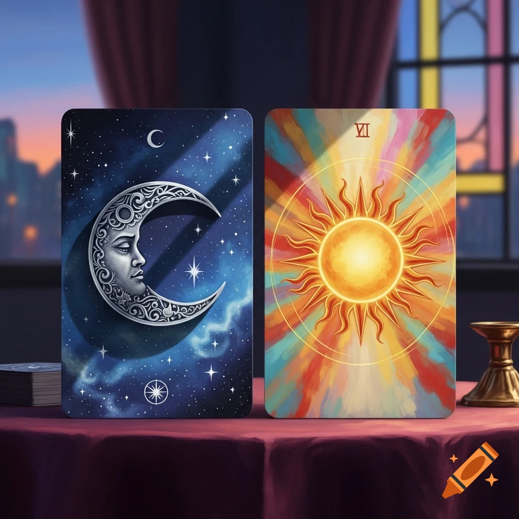 Two tarot cards on a table: one depicts a crescent moon with a face, the other a radiant sun, set against a window with stained glass.
