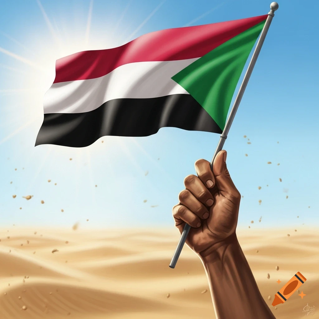 A strong hand waves a Sudanese flag against a bright blue sky and sandy desert, digital art.