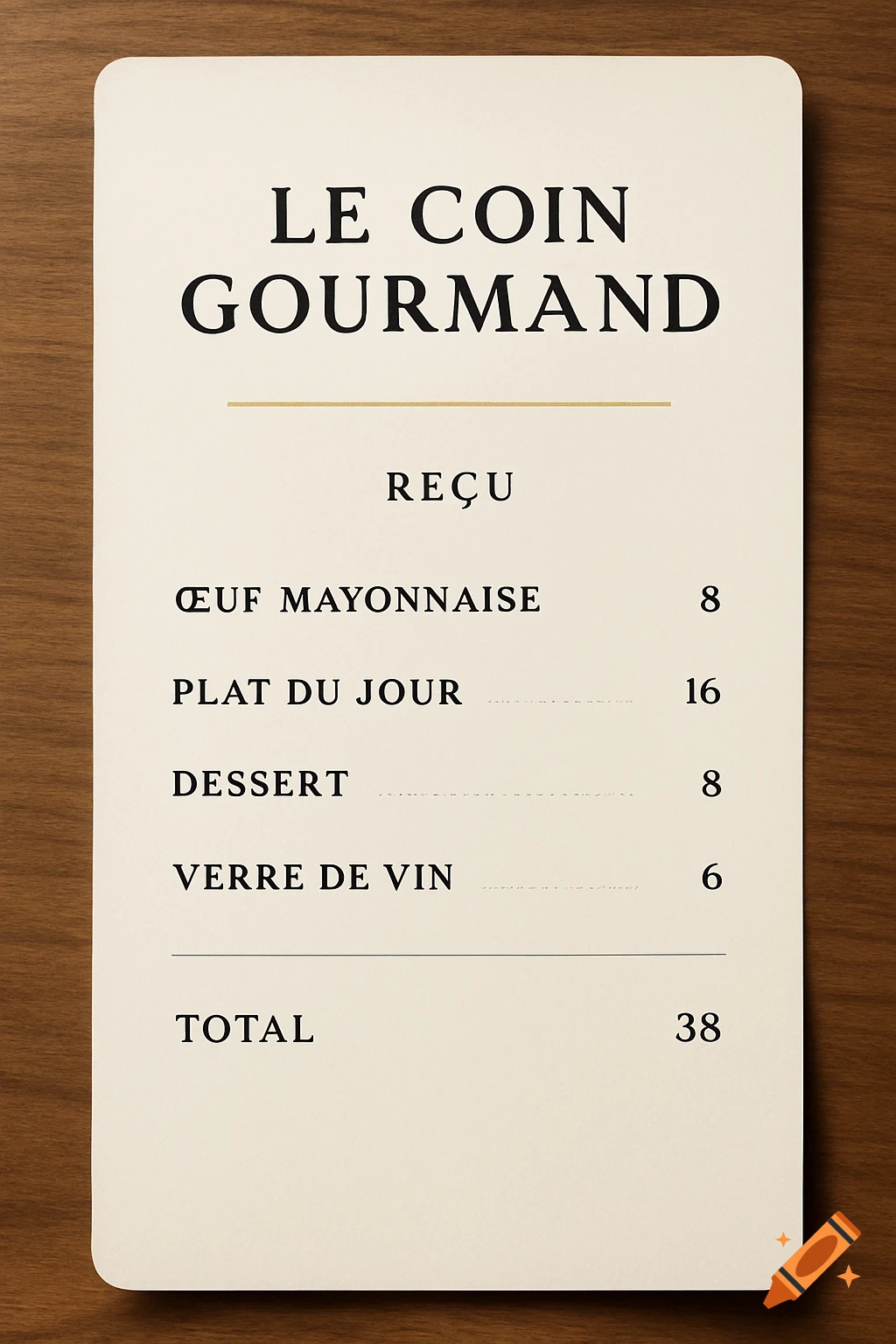 A beige receipt for "LE COIN GOURMAND" with items like "ŒUF MAYONNAISE", "PLAT DU JOUR", "DESSERT", and "VERRE DE VIN", totaling 38. It rests on a wooden table.