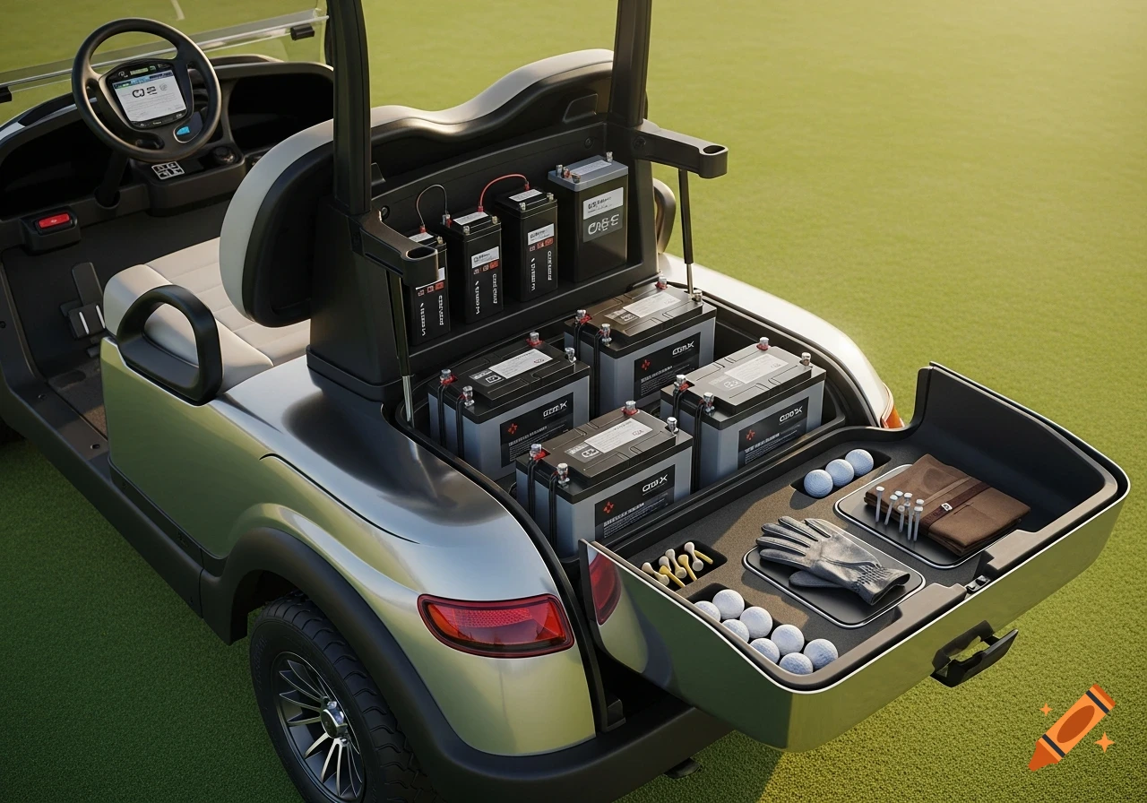 A detailed, high-angle shot of a silver golf cart with its rear compartment open, revealing several batteries and golf accessories like balls, tees, and a glove. The image is photorealistic, set on a green golf course.