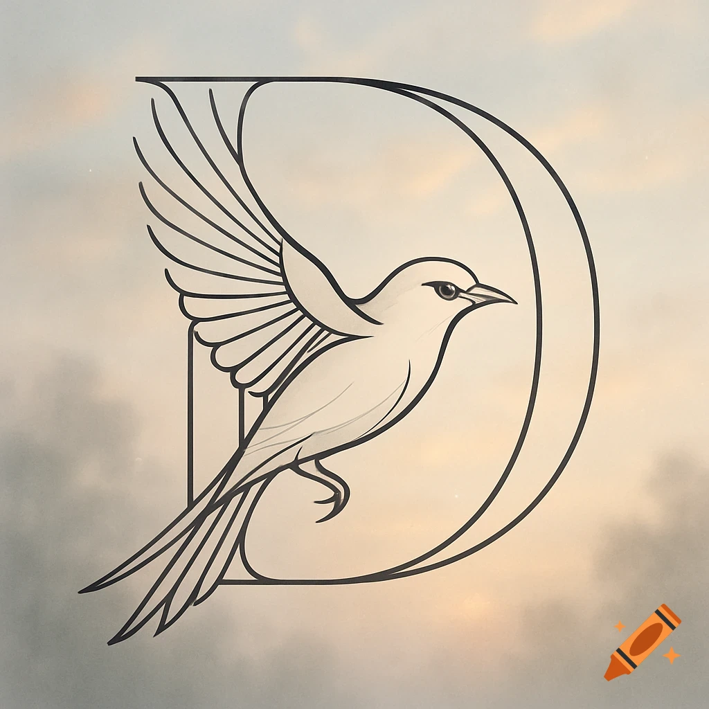 Stylized line art illustration of a bird gracefully integrated into the shape of the letter D against a soft, cloudy background.