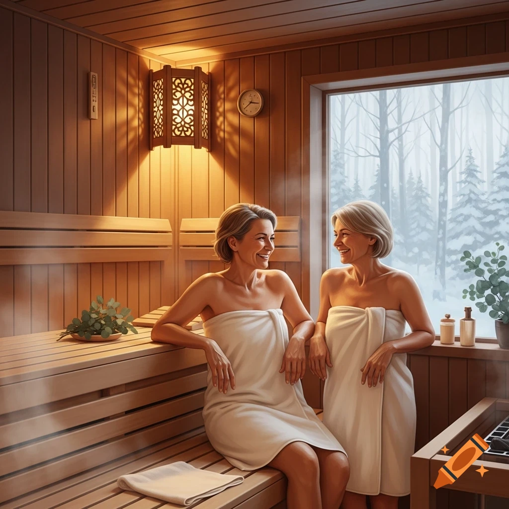 Two middle-aged women wrapped in white towels smiling at each other in a wooden sauna, with a snowy forest visible outside a window.