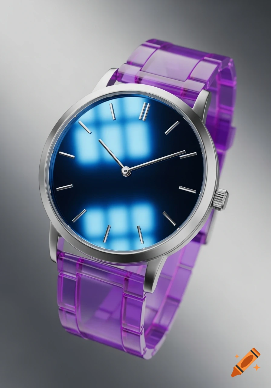 A close-up of a modern wristwatch with a silver case, dark blue face, and translucent purple plastic strap.