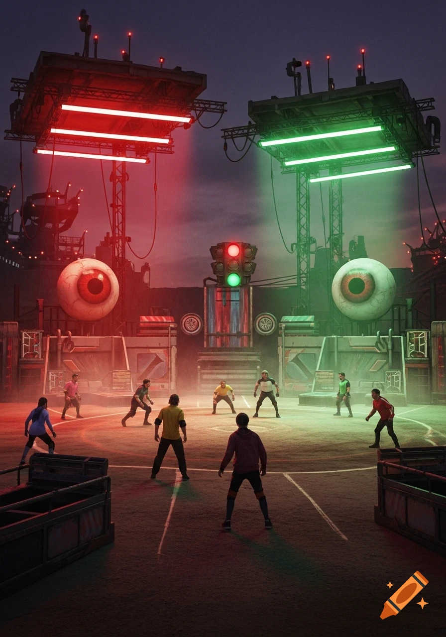 Dramatic game show arena with players under red and green lights, flanked by giant eyeballs and industrial structures.