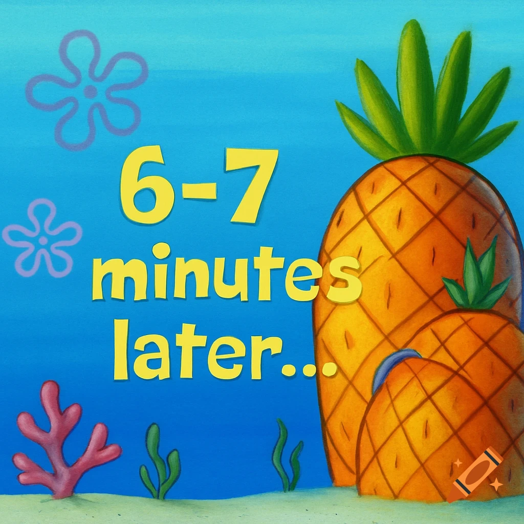 A SpongeBob-style underwater time card with a blue background, coral, seaweed, and two pineapple houses, displaying the text "6-7 minutes later..." in yellow.
