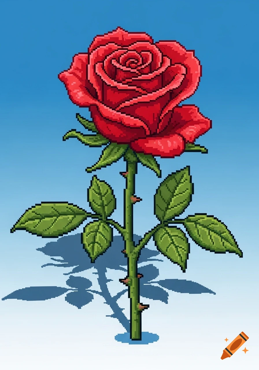 A vibrant red pixel art rose with green leaves and a thorny stem stands against a light blue gradient background.