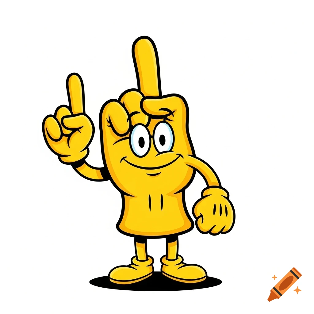A yellow cartoon hand character with a smiling face and big eyes, extending its index finger upwards, with small arms and legs, standing.