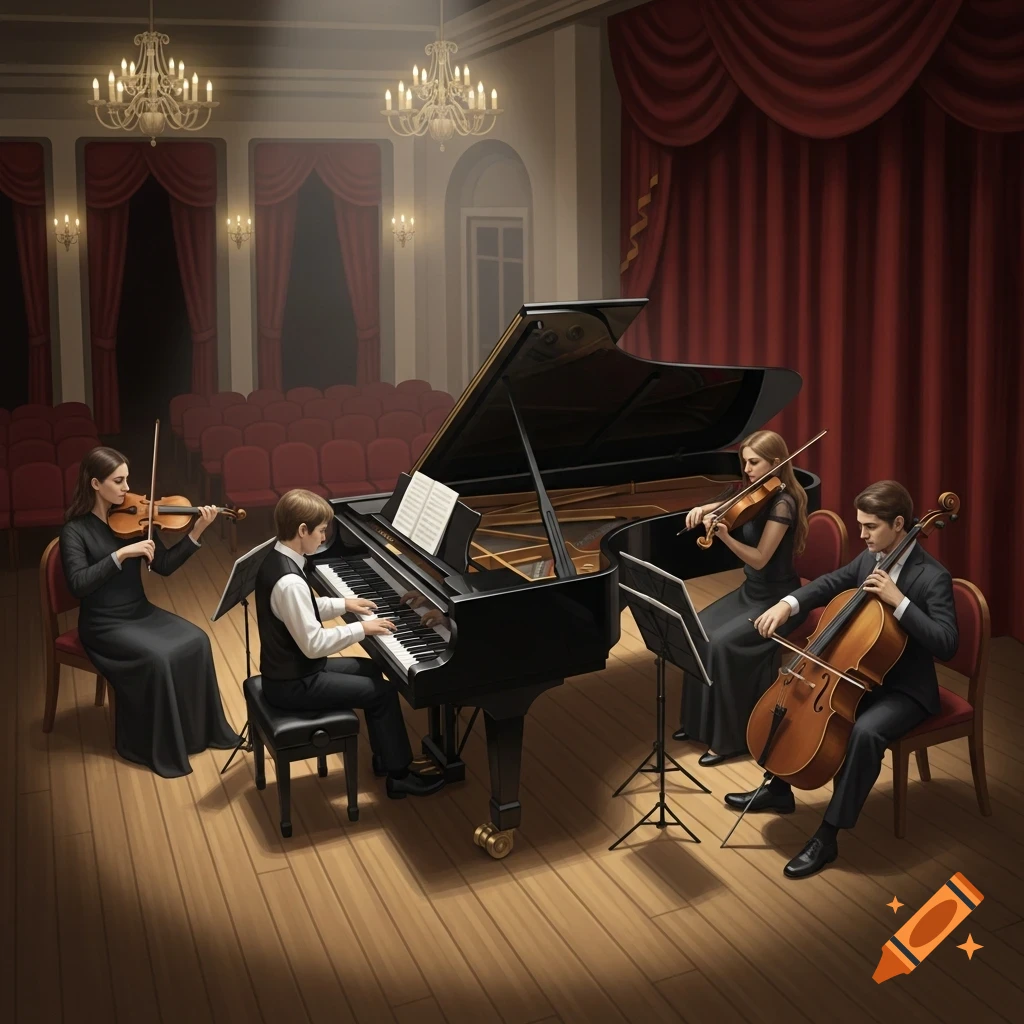 A piano quartet performs on a stage in an elegant hall with red curtains and chandeliers.