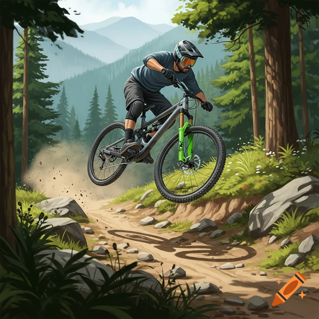 A mountain biker wearing a helmet and goggles jumps a dark grey bike with a green fork on a dirt trail in a forest.