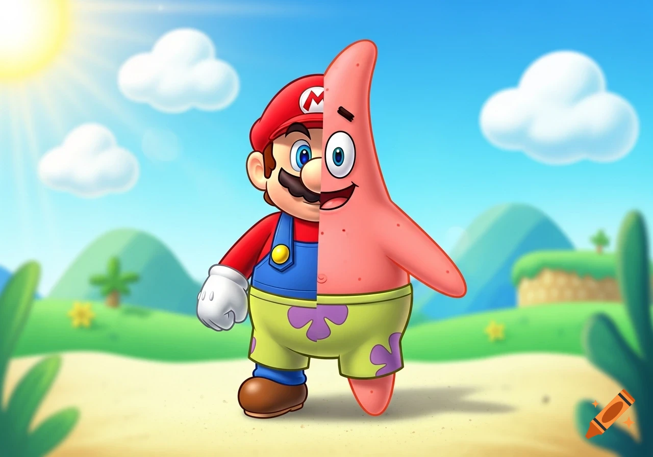 Cartoon illustration of a character split vertically, half Mario and half Patrick Star, standing on a sunny beach.