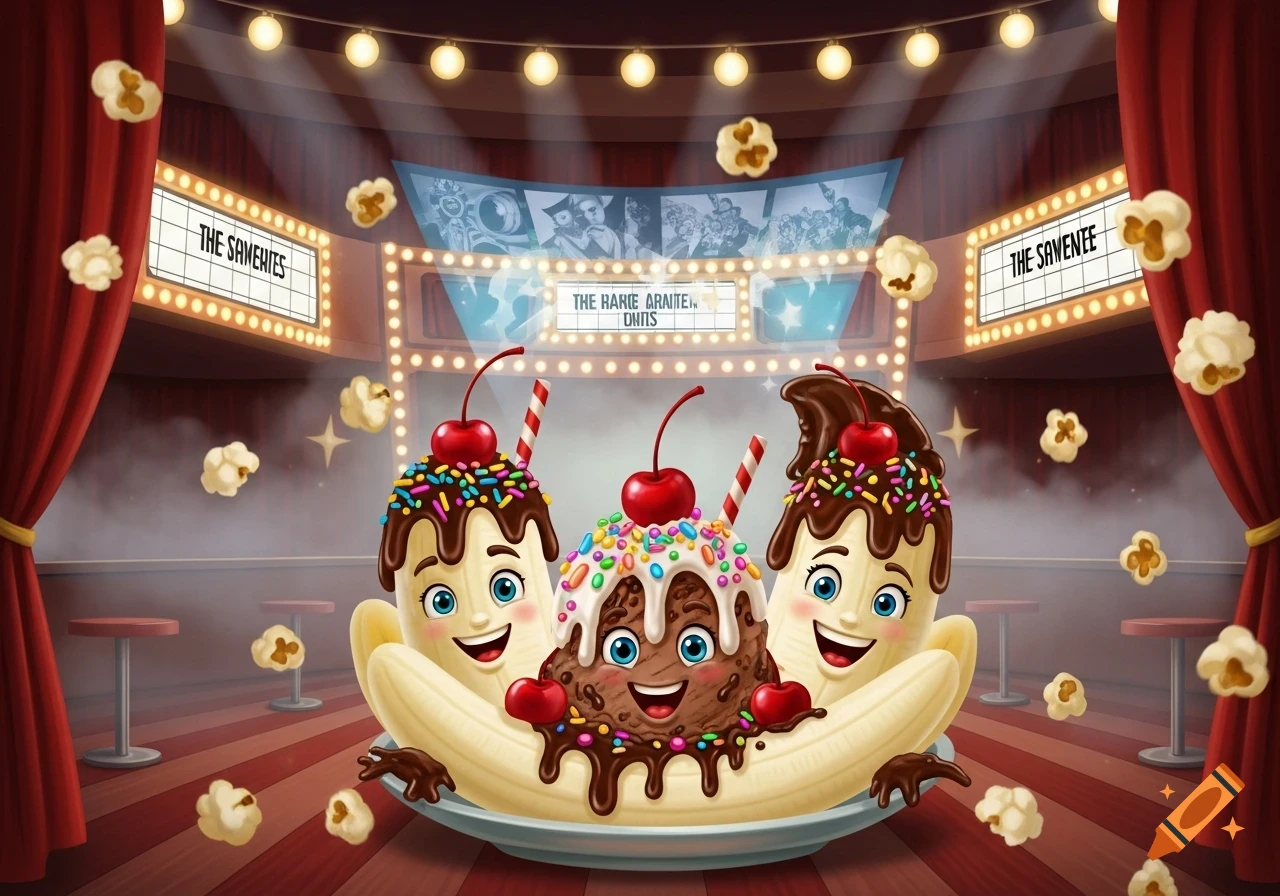 Three happy, anthropomorphic banana splits with chocolate, sprinkles, and cherries in a vibrant cartoon movie theater.